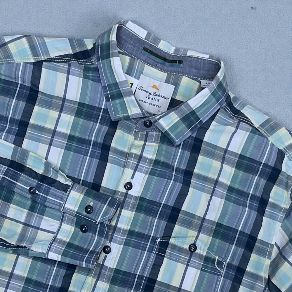 Tommy Bahama Jeans Button Down Mens L Island Crafted Long Slv Shirt Green Plaid